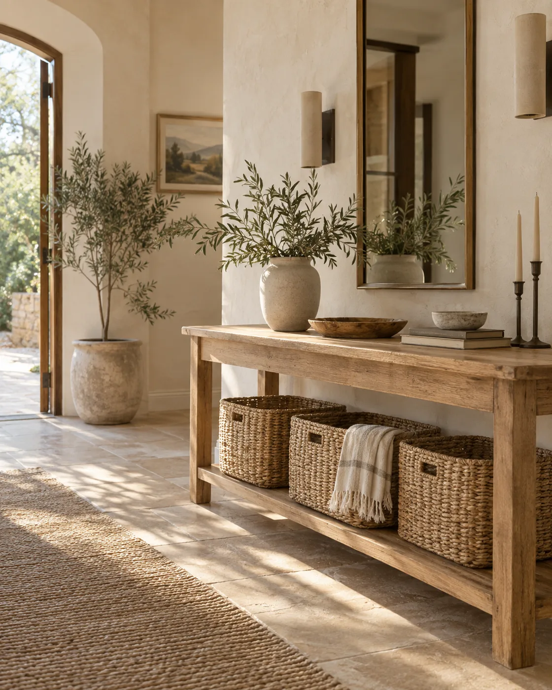 A sunlit entryway with a natural wood console, neatly arranged woven baskets, and olive branches.